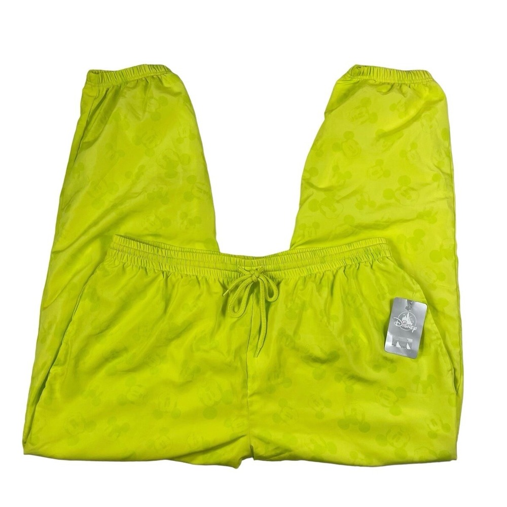 Disney Parks Mickey Mouse Face Print Jogger Track Pants Neon Yellow Green XL NWT